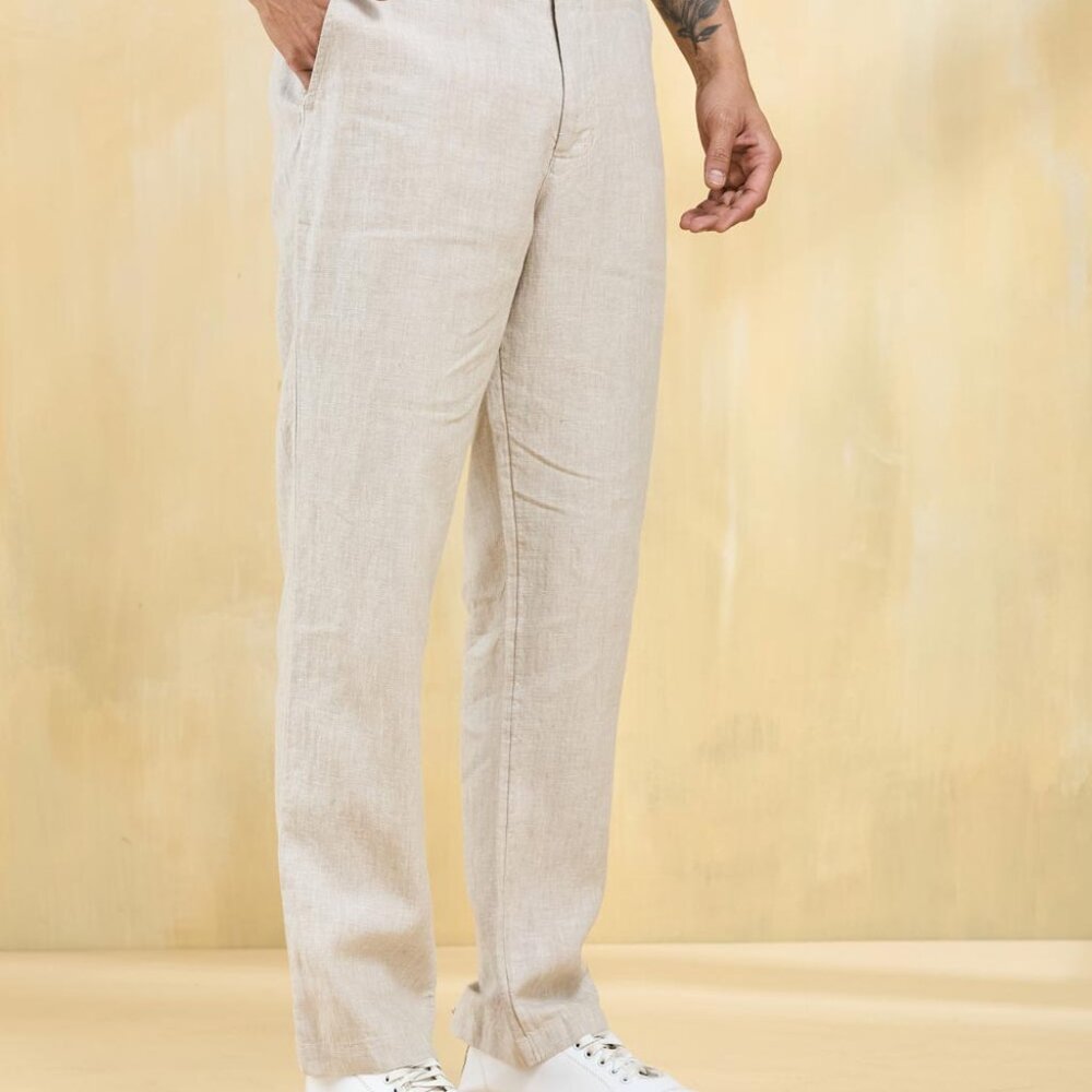 Beige Linen Regular Pants - Picture 5 of 5